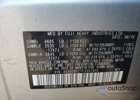 2015 Subaru Outback 2.5I Premium from USA, damaged, VIN 4S4BSBFC7F3357923